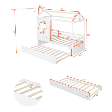 AS9- Twin Size House Bed Wood Bed with Twin Size Trundle - Likeshoppe 