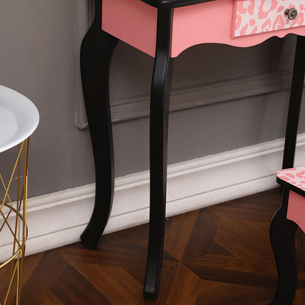 AY5- Kids Gisele Leopard Print Wooden Vanity Set with Tri-Fold Mirror Table and Chair, Pink/Black, - Likeshoppe 
