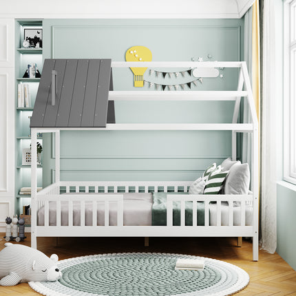 AS32- Full Size Wood House Bed with Fence - Likeshoppe 