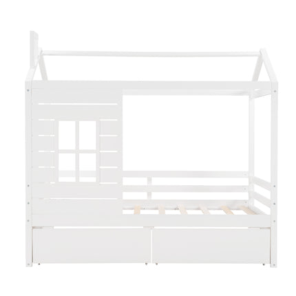 AS8- Twin Size House Bed Wood Bed with Two Drawers - Likeshoppe 