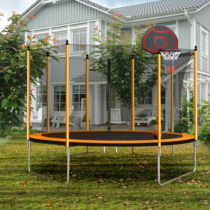 BA19- 10FT Trampoline with Basketball Hoop Inflator and Ladder(Inner Safety Enclosure) Orange - Likeshoppe 