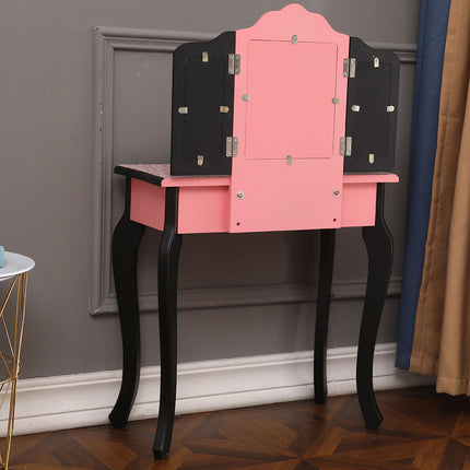 AY5- Kids Gisele Leopard Print Wooden Vanity Set with Tri-Fold Mirror Table and Chair, Pink/Black, - Likeshoppe 