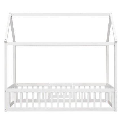 AS13- Twin Size Wood House Bed with Fence and Door - Likeshoppe 