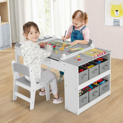 BM3- 2-in-1 Kids Wooden Art Table and Art Easel Set with Chairs Storage Bins Paper Roll - Likeshoppe 