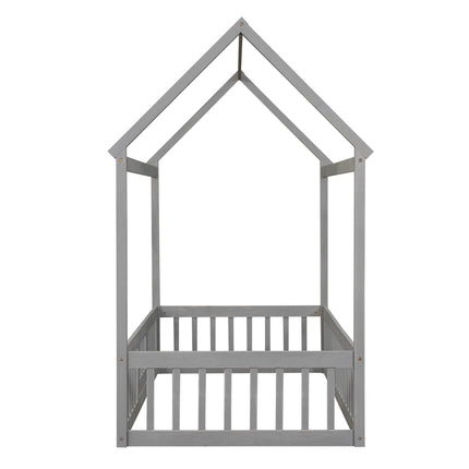 AS13- Twin Size Wood House Bed with Fence and Door - Likeshoppe 