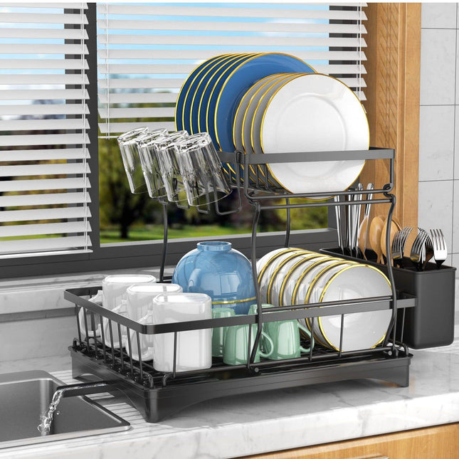 BY5- 2 Tier Dish Rack for Kitchen Counter,Dish Drying Rack with 360°Drainage,Dish Drainboard Set with Cutlery Holder and 4 Cup Holder,Dish drainers Over Sink Drying Rack On Counter - Likeshoppe 