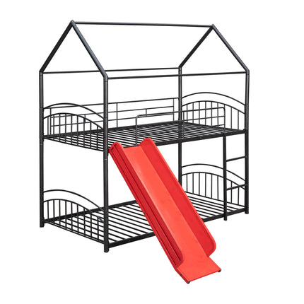 AS18-Twin Over Twin Metal Bunk Bed With Slide; Kids House Bed - Likeshoppe 