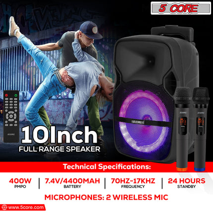 CC10- 5 Core DJ speakers 10" Rechargeable Powered PA system 400W Loud Speaker Bluetooth USB SD Card AUX MP3 FM LED Ring - ACTIVE HOME 10 2-MIC - Likeshoppe 
