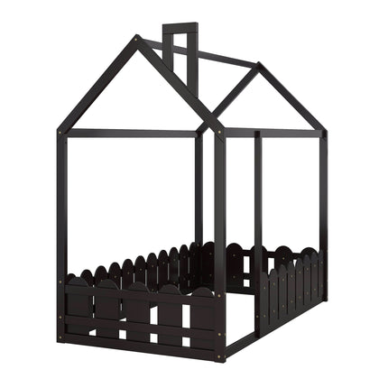 AS24- (Slats are not included) Twin Size Wood Bed House Bed Frame with Fence;  for Kids;  Teens;  Girls;  Boys - Likeshoppe 