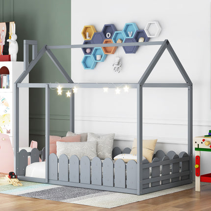 AS24- (Slats are not included) Twin Size Wood Bed House Bed Frame with Fence;  for Kids;  Teens;  Girls;  Boys - Likeshoppe 