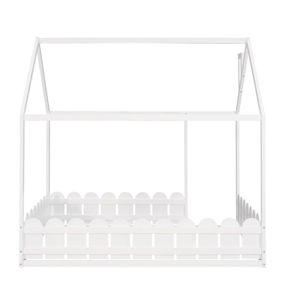 AS21- (Slats are not included) Full Size Wood Bed House Bed Frame with Fence;  for Kids;  Teens;  Girls;  Boys - Likeshoppe 