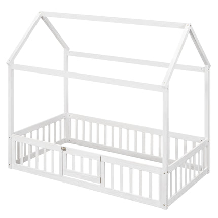 AS13- Twin Size Wood House Bed with Fence and Door - Likeshoppe 