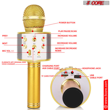CC19- 5 Core Karaoke Wireless Microphones Bluetooth • w Stereo Mic Speaker • Portable Recording Microfono Inalambrico • SD Card & USB • Gifts Music Toys for Kids and Adults All Age- WM SPK GLD - Likeshoppe 