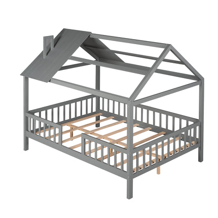 AS32- Full Size Wood House Bed with Fence - Likeshoppe 