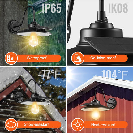 BU22- Solar Barn Light, 3 Lighting Modes & Motion Sensor, Dusk to Dawn Outdoor Wall Sconces, Exterior Farmhouse Gooseneck Lights, Wall Mount, IP65 Waterproof for Outside Yard Street Garage Shed Patio - Likeshoppe 