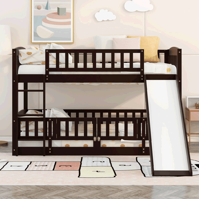 AS25- Bunk Bed with Slide; Twin Over Twin Low Bunk Bed with Fence and Ladder for Toddler Kids Teens - Likeshoppe 