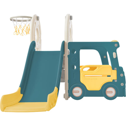 BB21- Kids Slide with Bus Play Structure; Freestanding Bus Toy with Slide for Toddlers; Bus Slide Set with Basketball Hoop - Likeshoppe 