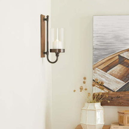 BU2- DecMode Farmhouse Rectangular Wooden Candle Wall Sconce, 5"W x 16"H with Brown and Black Matte Finish - Likeshoppe 