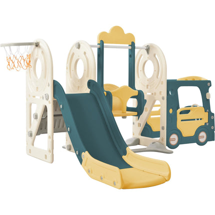 BB22- Kids Swing-N-Slide with Bus Play Structure; Freestanding Bus Toy with Slide&Swing for Toddlers; Bus Slide Set with Basketball Hoop - Likeshoppe 