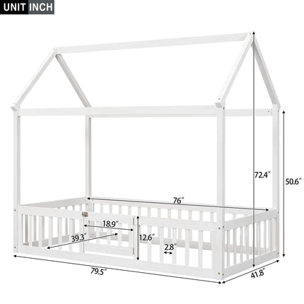 AS13- Twin Size Wood House Bed with Fence and Door - Likeshoppe 