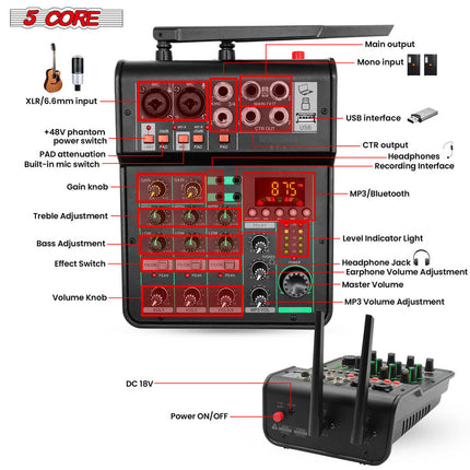 CC5- 5 Core Audio Mixer 4 Channel DJ Mixing Board Small Bluetooth USB Mezclador De Audio w Phantom Power Console for Live Recording Podcast Karaoke - MX 4CH 2MIC GLD - Likeshoppe 