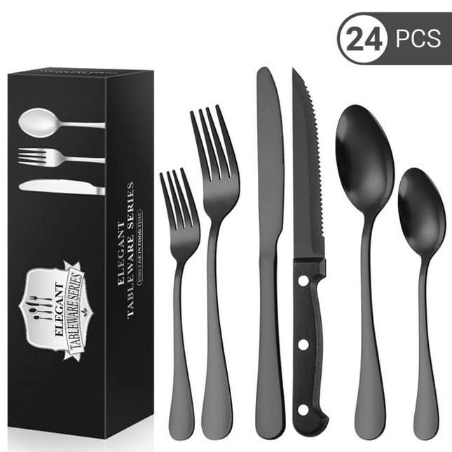 BP13- 24 Piece Flatware Set for 4, TINANA Stainless Steel Flatware Set, Mirror Polished Cutlery Utensil Set, Durable Home Kitchen Eating Tableware Set, Fork Knife Spoon Set,Dishwasher Safe-Black - Likeshoppe 