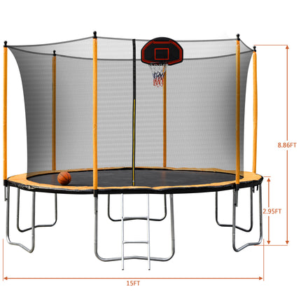 BA8- 15FT Trampoline with Basketball Hoop Inflator and Ladder(Inner Safety Enclosure) Orange - Likeshoppe 