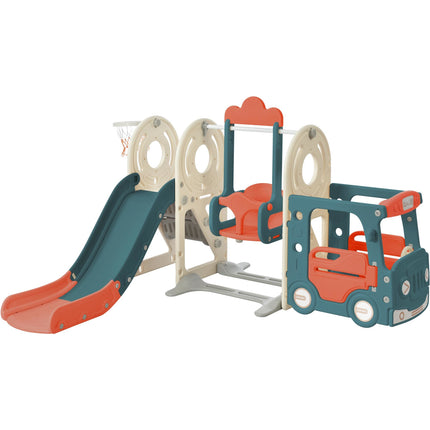BB22- Kids Swing-N-Slide with Bus Play Structure; Freestanding Bus Toy with Slide&Swing for Toddlers; Bus Slide Set with Basketball Hoop - Likeshoppe 