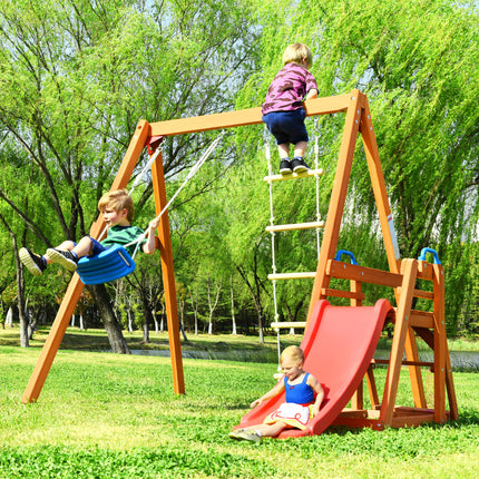 AZ3- Wooden Swing Set with Slide;  Outdoor Playset Backyard Activity Playground Climb Swing Outdoor Play Structure for Toddlers;  Ready to Assemble Wooden Swing-N-Slide Set Kids Climbers - Likeshoppe 