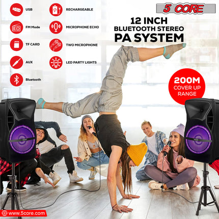 CC9- 5 Core DJ speakers 12" Rechargeable Powered PA system 500W Loud Speaker Bluetooth USB SD Card AUX MP3 FM LED Ring - ACTIVE HOME 12 2-MIC - Likeshoppe 