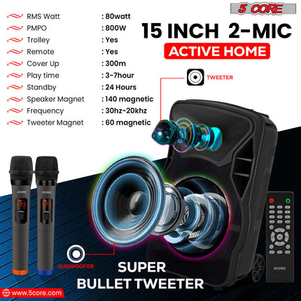 CC6- 5 Core Powered PA Speaker 80W RMS Portable Active Powered DJ Audio System w Bluetooth 5.1 Two Wireless UHF Mics and Remote - ACTIVE HOME 15 2-MIC - Likeshoppe 
