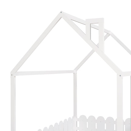 AS21- (Slats are not included) Full Size Wood Bed House Bed Frame with Fence;  for Kids;  Teens;  Girls;  Boys - Likeshoppe 