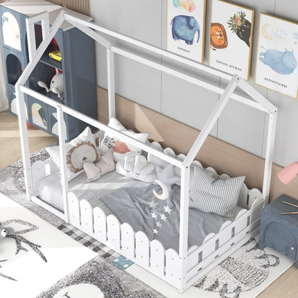 AS24- (Slats are not included) Twin Size Wood Bed House Bed Frame with Fence;  for Kids;  Teens;  Girls;  Boys - Likeshoppe 