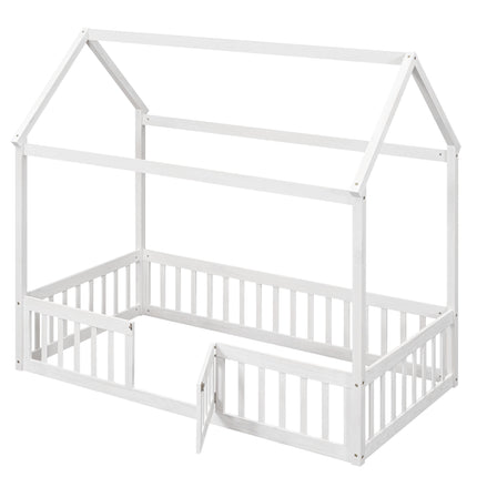 AS13- Twin Size Wood House Bed with Fence and Door - Likeshoppe 