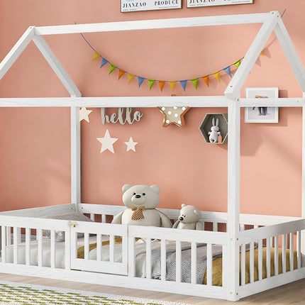 AS13- Twin Size Wood House Bed with Fence and Door - Likeshoppe 