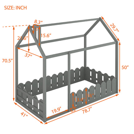 AS24- (Slats are not included) Twin Size Wood Bed House Bed Frame with Fence;  for Kids;  Teens;  Girls;  Boys - Likeshoppe 