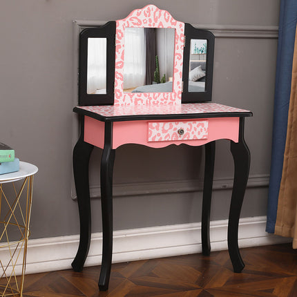 AY5- Kids Gisele Leopard Print Wooden Vanity Set with Tri-Fold Mirror Table and Chair, Pink/Black, - Likeshoppe 