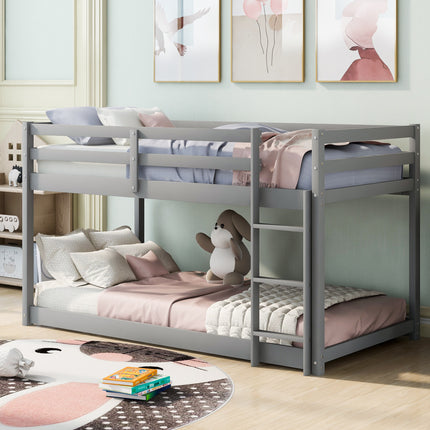 AS29- Twin over Twin Floor Bunk Bed with Ladder - Likeshoppe 