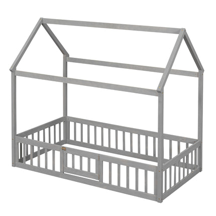 AS13- Twin Size Wood House Bed with Fence and Door - Likeshoppe 