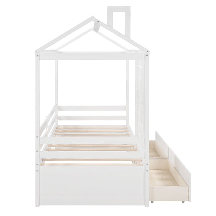 AS8- Twin Size House Bed Wood Bed with Two Drawers - Likeshoppe 
