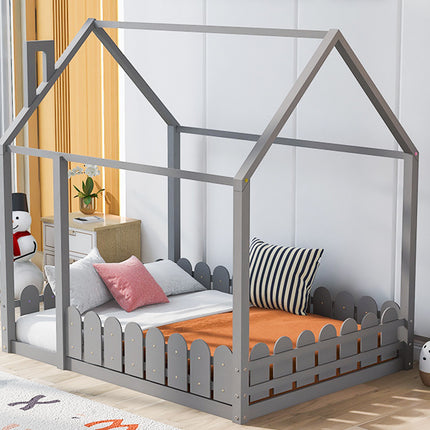 AS21- (Slats are not included) Full Size Wood Bed House Bed Frame with Fence;  for Kids;  Teens;  Girls;  Boys - Likeshoppe 