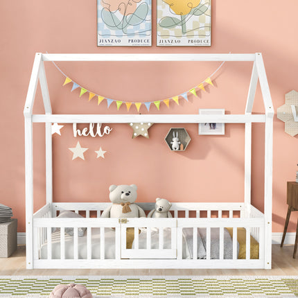 AS13- Twin Size Wood House Bed with Fence and Door - Likeshoppe 