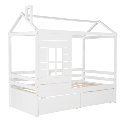 AS8- Twin Size House Bed Wood Bed with Two Drawers - Likeshoppe 