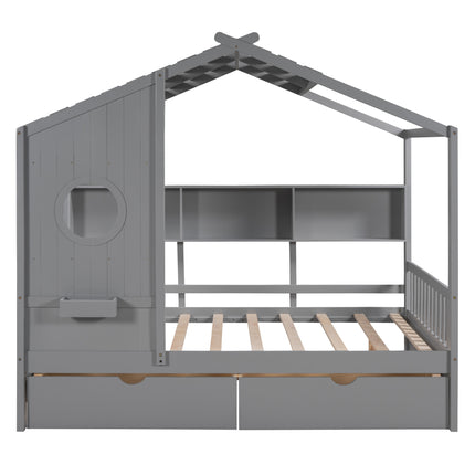 AS37- Wooden Full Size House Bed with 2 Drawers,Kids Bed with Storage Shelf - Likeshoppe 