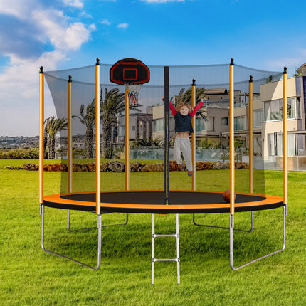 BA19- 10FT Trampoline with Basketball Hoop Inflator and Ladder(Inner Safety Enclosure) Orange - Likeshoppe 