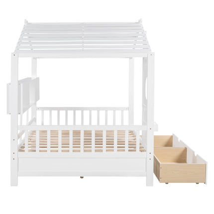AS37- Wooden Full Size House Bed with 2 Drawers,Kids Bed with Storage Shelf - Likeshoppe 