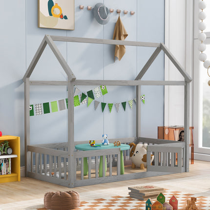 AS13- Twin Size Wood House Bed with Fence and Door - Likeshoppe 