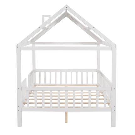 AS32- Full Size Wood House Bed with Fence - Likeshoppe 