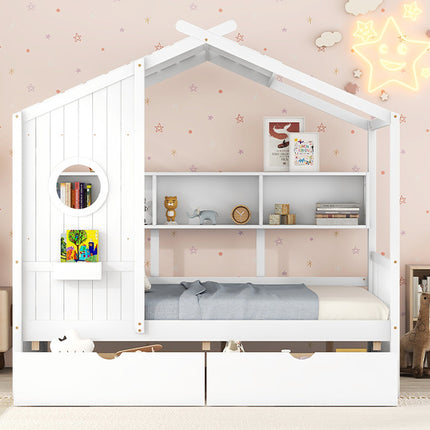AS37- Wooden Full Size House Bed with 2 Drawers,Kids Bed with Storage Shelf - Likeshoppe 