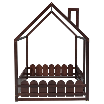 AS21- (Slats are not included) Full Size Wood Bed House Bed Frame with Fence;  for Kids;  Teens;  Girls;  Boys - Likeshoppe 